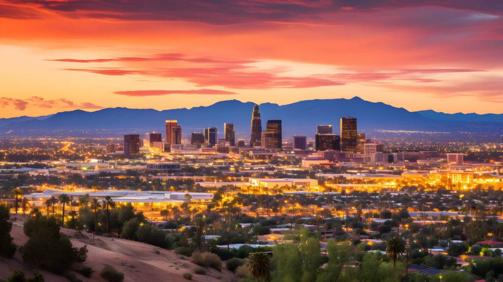 Scottsdale Skyline at dusk with mountains and sunset